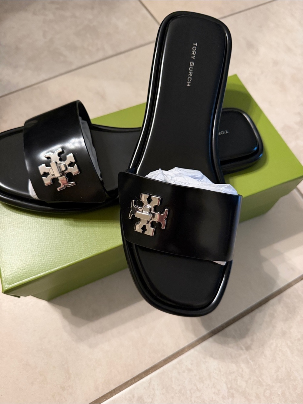 Tory Burch Black Patent Logo Slide Sandals with Silver Emblem